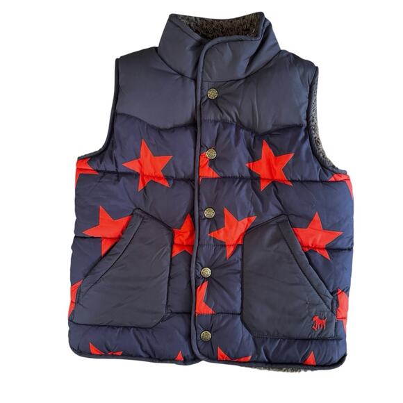 Mini Boden Kid’s Puffer Vest Sherpa Lined Stars Gray Orange Size 5-6 - Picture 1 of 6